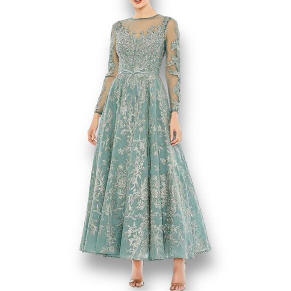 MAC DUGGAL Women’s Embellished Bow Belt Illusion Long Sleeve A-Line Dress in 10 - Picture 3 of 13